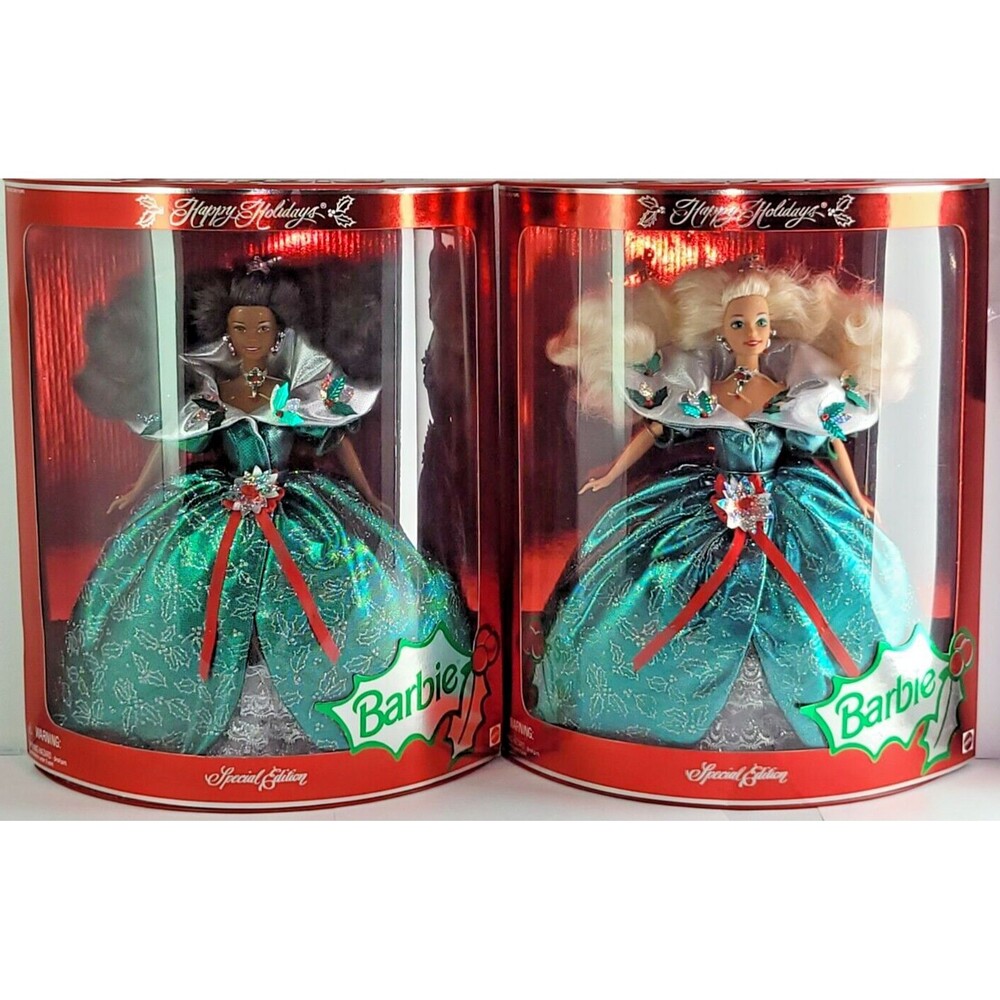 1995 Happy Holidays Spc Edt Barbie Mattel African American & Blonde Set n Box